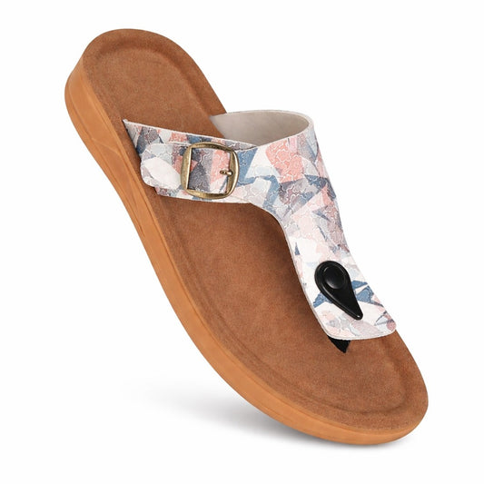 Ladies Printed Buckle Comfort Slipper – White 16562